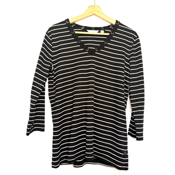 Liz Claiborne Sweaters - Liz Claiborne Women's Black & White Striped‎ Sweater Ribbon Detail, Size M